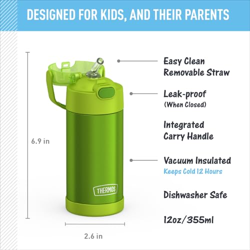 THERMOS FUNTAINER Water Bottle with Straw, 12oz, Lime | Kids Stainless Steel Insulated Water Bottle, Keeps Drinks Cold Longer for School & Play, BPA-Free - color: Lime, size: 12 Ounces