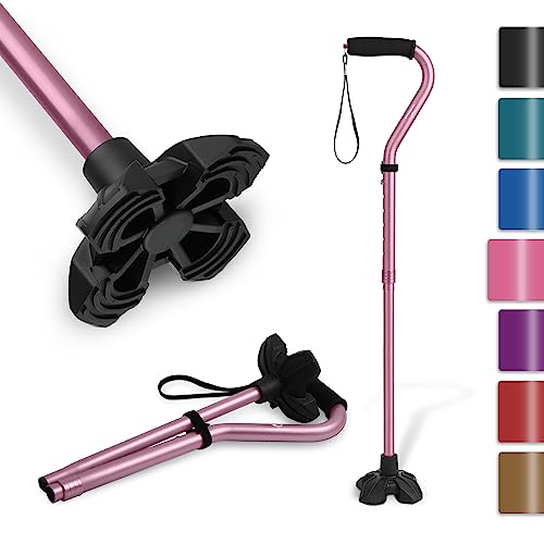 KINGGEAR F1 Walking Stick, Walking Cane for Women & Men, Self Standing Walkers for Seniors with Wrist Strap, Lightweight & Sturdy Offset EVA Handle and Large Quad Base - color: Pink