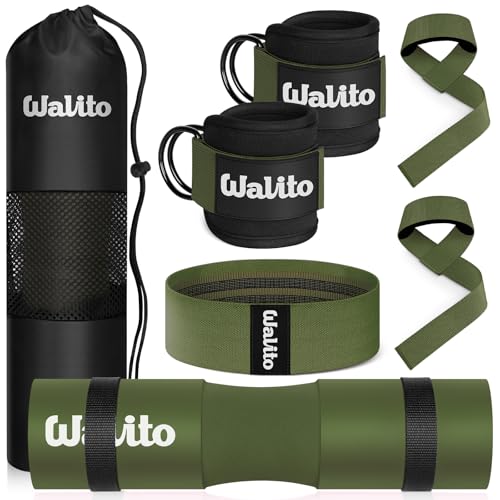 WALITO 8Pcs Barbell Pad Set for Hip Thrust - Squat Pad,Gym Accessories for Women with Bar Bad,Bench Press, with Gym Ankle Straps,Resistance Bands for Working Out,Lifting Strap,Carry Bag - color: Green
