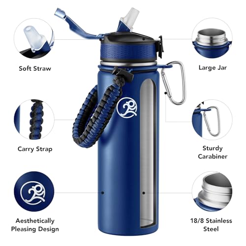 GOSWAG 24oz Insulated Stainless Steel Travel Water Bottle, 2 Lids | with straw and no straw, Paracord handle, Double-wall vacuum keeps drinks cold or hot, Leakproof tumbler - color: Matte Navy Blue