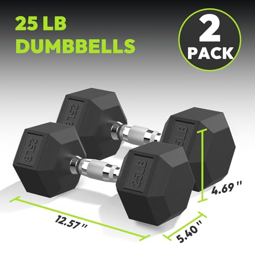 HANDBODE Hex Dumbbell Set of 2, Rubber Encased Fixed Dumbbells, 2.5-65 lb | Non-Slip Comfortable Handles, Hand Weights for Strength Training, Ideal for Home Gym Workouts - size: 25 lb, Pair, style: Chrome Handle
