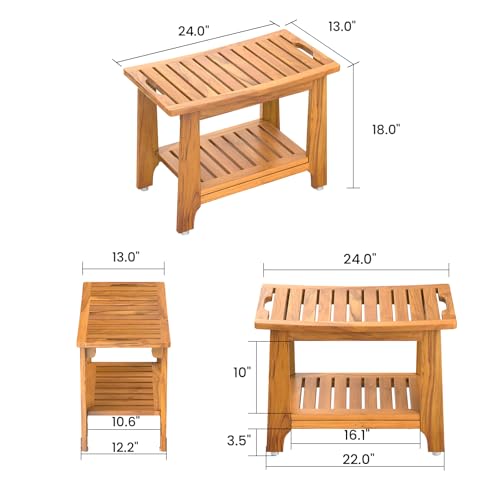 24" Large Teak Shower Bench with Shelf & Handle - Waterproof Spa Stool, Non-Slip Leveling Feet & 300 lbs Capacity - for Showers, Saunas/Steam Rooms & Outdoor Pools (Patented) - size: 24"W x 13" Dx 18"H