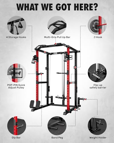 RH01 Power Cage Rack, 2000LBS Squat Rack with with Cable Crossover System&LAT Pull Down System, Multi-Function Workout Cage for Home&Garage Gym - color: Red-SE, size: RH01 Power Cage