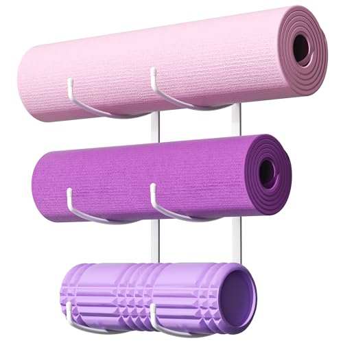 Yoga Mat Holder Wall Mount, 3-Tier Storage Rack for Yoga Mat, Foam Roller, Block, Yoga Accessories, Wall Organizer for Home Gym, Gym, Workout Room, Metal, White - color: White