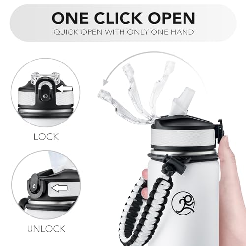 GOSWAG 24oz Insulated Stainless Steel Travel Water Bottle, 2 Lids | with straw and no straw, Paracord handle, Double-wall vacuum keeps drinks cold or hot, Leakproof tumbler - color: Matte White
