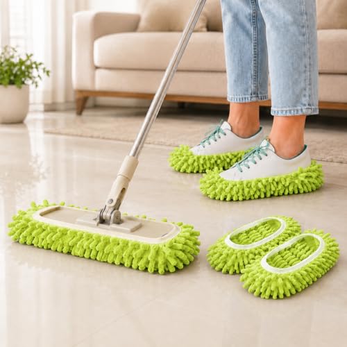 Mop Slippers Floor Cleaning Slippers Reusable Slipper Mop Covers Wearable Floor Cleaner for Household Indoor Use ,Greener - color: Greener