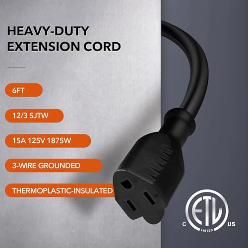 BN-LINK 6ft Outdoor Extension Cord, 12/3 SJTW Heavy Duty Power Cord, 3-Prong Grounded Plug, Weather Resistant, 15A, 1875W, Black, for Lawn, Garden, Appliances, ETL Listed - color: Black, size: 6FT