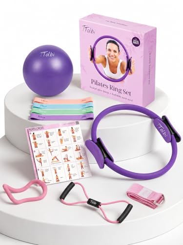 Pilates Ring and Ball Set with Video Tutorials, 10-in-1 Home Pilates Kit | Complete beginner-friendly workout kit for women to tone, strengthen and improve flexibility, balance and core at home - color: Sunset Purple
