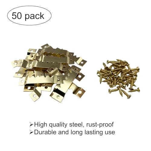 50 Pack Large Heavy Sawtooth Picture Hangers Steel Picture Hangers with Screws Picture Hang Solutions, for Hanging Clock Paintings Artwork Picture Frame Hook Photos (Gold，Supports 50 lbs) - color: Large Gold - 50 Pack