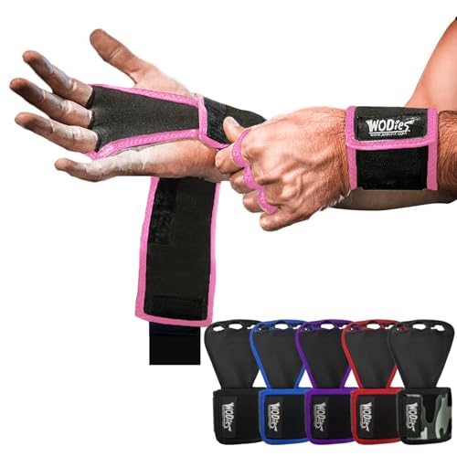 JerkFit WODies Gymnastics & Weightlifting Grips with Wrist Wraps – 3 Hole Versatile Gym Gloves for Pull Ups, Gym Training & Cross Training – Hand Grips Palm Protector for Men & Women - color: Pink, size: Large 4”- 4.75”
