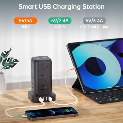 Extension Cord with Multiple Outlets, SMALLRT 2 Pcs Power Strip Tower, Outlet Extender with 12 AC Outlets 4 USB, 6.5FT Extension Cord for Home Office Dorm Room, Overload Protection - color: Black, size: 6.5 Ft without wireless charging 2Pack
