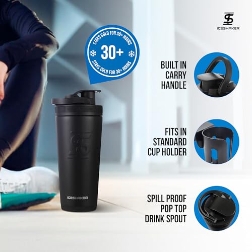 Ice Shaker Insulated Stainless Steel Shaker Bottle | 26oz, Black | Cold for 30+ Hours | Insulated Cup with Twist-on Agitator | Odor-Free Bottle for Protein Shakes, Water, Smoothies, Cocktails - color: Black