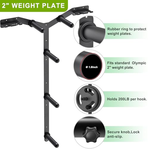 Wall Mounted Weight Plate Rack, Heavy Duty Olympic Barbell Holder & T Bar Row Landmine Attachment, 5 Pegs & 4 Barbell Storage, Space-Saving Home Gym Organizer - color: B. Mounted Weight Plate Rack
