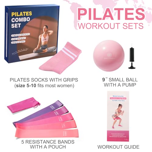 floconssy Pilates Ball Resistance Bands Grip Socks Barre Sets, Loop Exercise Bands 5 Levels, Small Yoga Ball 9 Inch, Non Slip Socks Workout Kit at Home - color: Pink