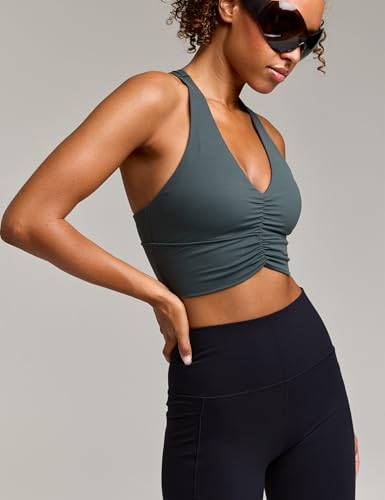 Women's Serene Scrunch Longline Sports Bra V Neck Padded Yoga Tank Wide Straps Cross Back Crop Tops - color: Charcoal Green, size: X-Large