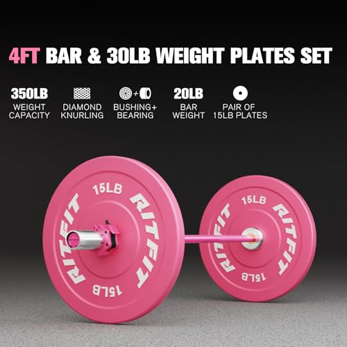 RitFit Barbell Weight Set - 4/6FT Olympic Barbell with Weight Plates (55-115LB Total) - Weightlifting Equipment for Squats, Curls, Deadlifts, Presses, Hip Thrusts - color: Pink, size: 4FT Bar with 30LB Plates (50LB Total)