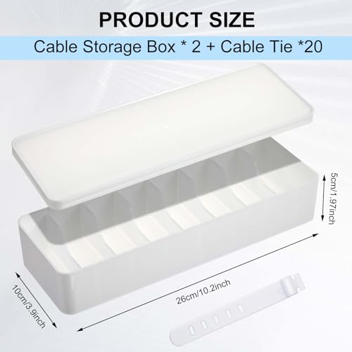 Tatuo 2 Pcs Cord Organizer for Drawer Desktop, Cable Organizer Box with 8 Compartments and Wire Ties, Plastic Charger Storage with Lid, Electronics Case for Home Office Accessories (Small,White) - color: White