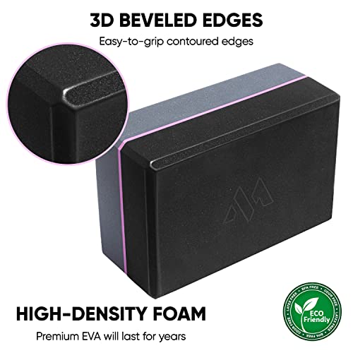 Millenti Gray Black Yoga Block Yoga Brick - Sold as Single EVA Foam Block, Bevelled Edge, Non-Slip, Latex-Free Block with a Workout Chart 9x6x4” - color: Pink