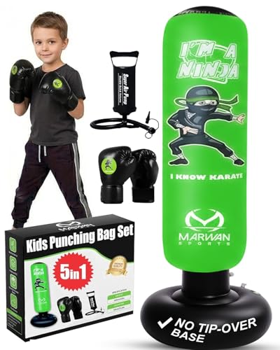 Marwan Sports Ninja Kids Punching Bag — Inflatable Sensory Toy & Birthday Gift for Boys & Girls Ages 4-12, 63" Freestanding 5-in-1 Kit, Indoor Apartment-Quiet Sensory-Friendly Active Play - color: Green