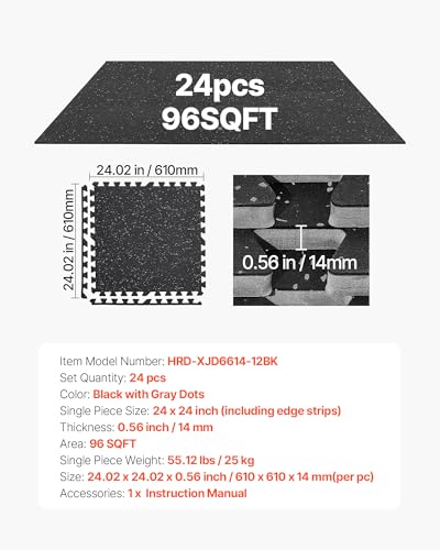 VEVOR 0.56Inch 96sq.ft 24 Tiles Gym Flooring for Home Gym, Rubber Top with High Density EVA Foam, 24 x 24In Gym Floor Exercise Equipment Mats, Interlocking Gym Mats, Puzzle Workout Mats, Black & Gray | Rubber Top with High Density EVA Foam, Lightweight Gy