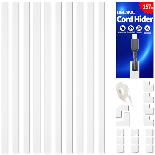 Delamu 157in Cord Covers for Wires on Wall, Cord Hider for 1 Cord, Paintable Cable Hider, Cable Management Wire Covers for Cords, W0.55 H0.4in, White - color: White, size: 157in L x 0.55in W x 0.4in H