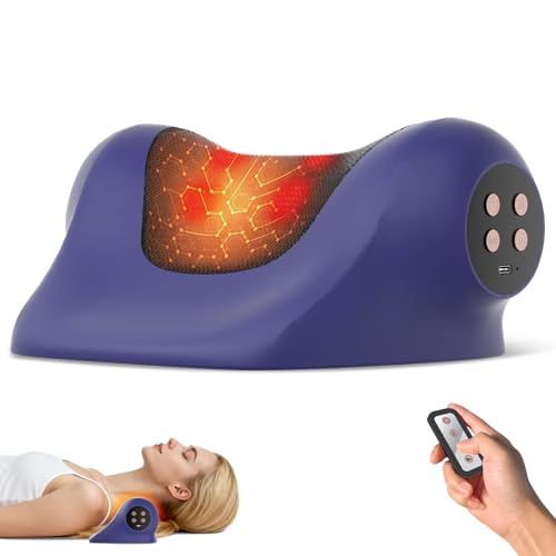 Neck Massager with Heat, Red Light & Vibration Adjustable, Heated Neck Stretcher with 3 Modes, Rechargeable Cervical Traction Device for Pain Relief & Muscle Relaxation, Gift for Women Men - color: Navy Blue