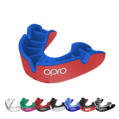 OPRO Silver Level Moldable Mouth Guard Essential Fit (Red/Dark Blue) Adult & Kids Boxing Mouthguard for MMA & Impact Sports, Self-Fit Mouth Guard for Sports, Football & Hockey - Includes Case - color: Red/Dark Blue, size: Adult (Age 10+)