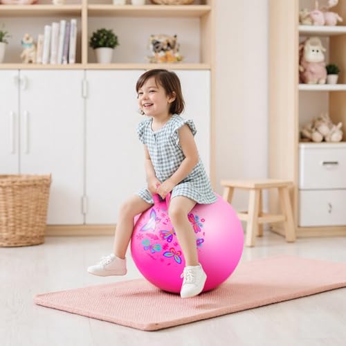 Hopper Ball, Pink Butterfly Hopping Toys for Kids, 18 Inch Bouncy Ball with Handle, Indoor Outdoor Inflatable Hoppity Hop Toy for Girls Boys Gift with Free Pump - color: Pink Butterfly, size: Age:4-8(18''/45cm)