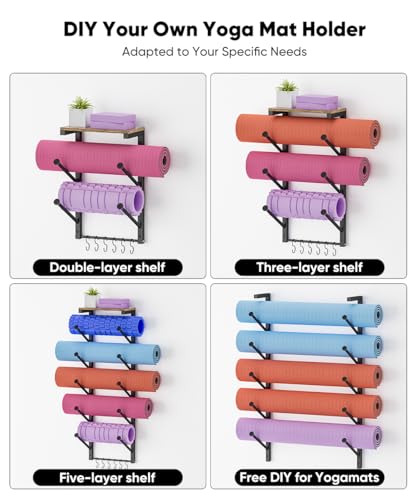 5 Tiers Yoga Mat Holder Rack Wall Mount with 6 Hooks for Hanging Accessory Yoga Strap Foam Rollers Resistance Bands, Yoga Mats Organizer with Floating Shelf for Home Gym Storage Fitness - color: Black