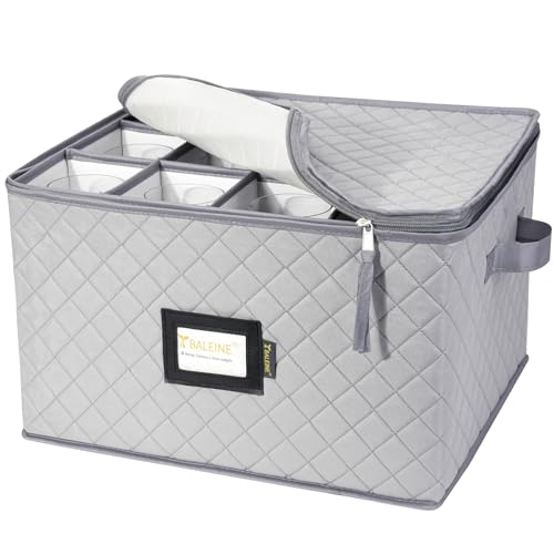 BALEINE China Storage Containers, Sturdy Quilted Wine Glass Storage, Plate Organizer with Carry Handles, Moving Boxes for Dishes, Cups, Mugs and Stemware (Wine Glasses, Soft Shell Grey) - color: Grey, style: Wine Glasses-Soft Shell