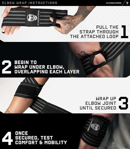 Gymreapers Weightlifting Elbow Wraps (1 Pair) - Flexible 40'' Elbow Compression Strap & Joint Support Brace - for Bench Press, Powerlifting, and Pressing - color: Gray