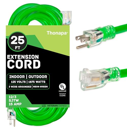 Thonapa 12 Gauge Extension Cord 25 Ft Outdoor - 12/3 Heavy Duty, 3 Prong | SJTW Neon Green Cable, Lighted End, Grounded Plug, For Job Sites, Garden & Major Appliances - color: Neon Green, size: 25 Foot