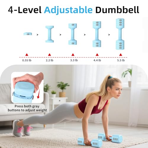 2-in-1 Adjustable Dumbbell Set, 4-Level Weights for Women | Convertible Dumbbell & Kettlebell, Adjustable 2.2-5.5lb Each, Quick-Change Button, Compact for Home Gym, Office & Outdoor - color: Blue