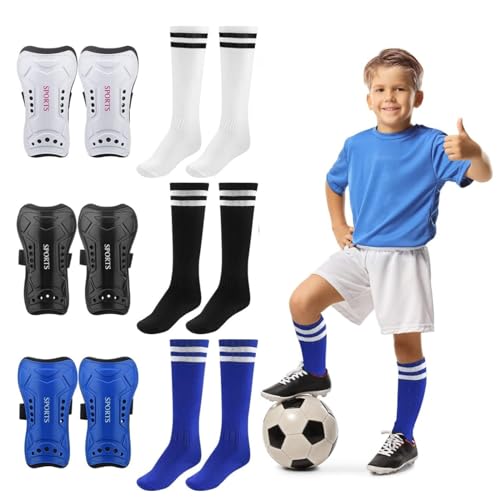 3 Pairs Soccer Shin Guards for Kids Youth+ 3 Pairs Long Soccer Socks Flexible Football Shin Pads Shin Protectors for 3-15 Years Old Boys Girls Children Teenagers for Football Games - size: M 3'11-5’4 Tall