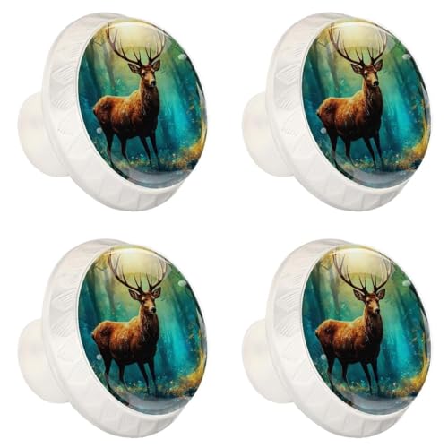 4 Pack White Cabinet Knobs Round Drawer Pulls, Deer Forest Drawer Handles, Kitchen Hardware for Dresser Drawers Closets Cupboard Bathroom Bedroom Home Decor - color: Deer Forest