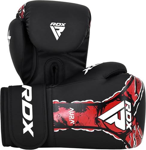 RDX Aura 2025 Boxing Gloves for Training Sparring Heavy Bag, Maya Hide Leather, Multi Layer Padding, Quick EZ Wrist Support Strap, Red Black - size: 10oz