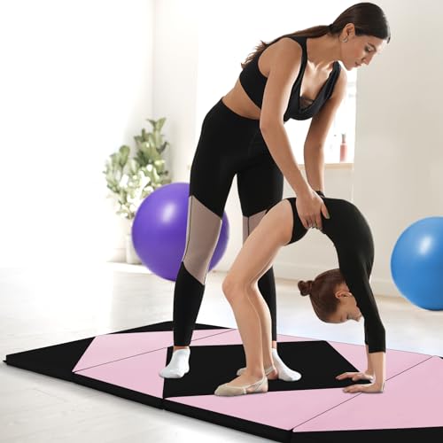Goplus Gymnastics Mat, Folding Tumbling Mat with Carry Handles, Hook & Loop Fasteners, 4 Panels for Fitness Exercise Yoga Stretching Aerobics Workouts, Thick Gym Mats for Home - color: Pink&Black