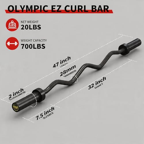 Olympic EZ Curl Barbell Bar 47" – Professional Curl Bar for Biceps, Triceps, Squat & Hip Thrusts, 700lb Weight Capacity, Fit 2-Inch Plates – Home Gym Strength Training Bar - color: Black