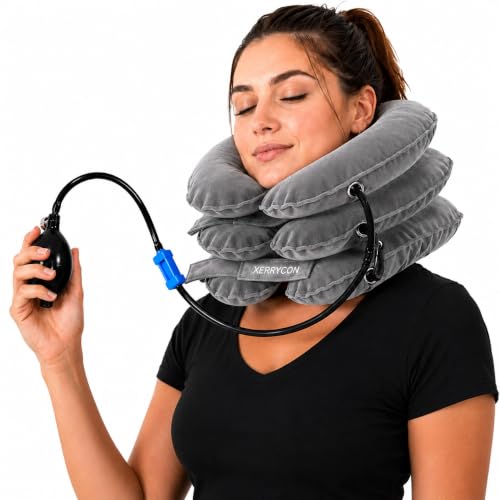 Inflatable Neck Stretcher for Neck Pain Relief, Cervical Traction Device with Hand Pump, 3-Layer Adjustable Neck Decompression Collar for Pinched Nerve, Stiff Neck & Tech Neck Support | Breathable Material - color: Platinum Grey Mist