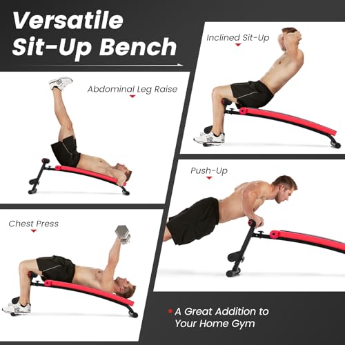 GYMAX Sit up Bench, Folding Adjustable Workout Bench for Ab Exercise, Curved Incline/Decline Slant Bench, Foldable Strength Training Weight Bench, Situps Abs Workout Equipment - color: Red