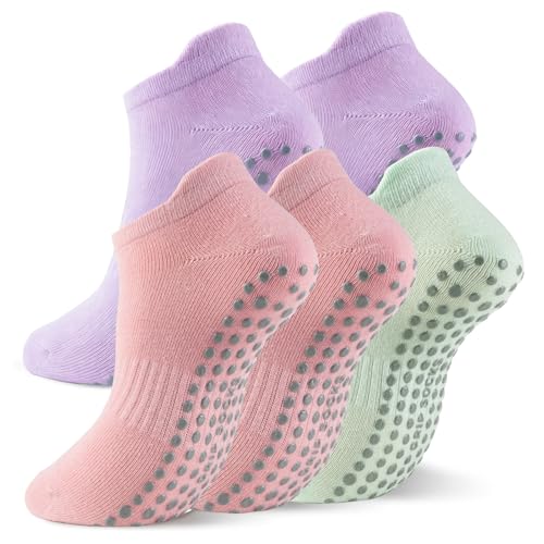 5 Pairs Pilates Socks with Grips for Women Non Slip Grip Yoga Crew Socks for Barre Hospital Barefoot - color: B - 2 Purple 2 Pink 1 Green