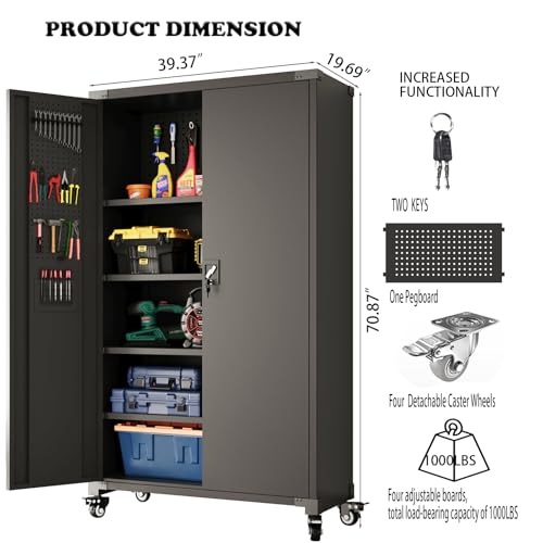 Upgraded Wide & Deep Metal Garage Storage Cabinet with Wheels & Pegboards, 4 Adjustable Shelves, Heavy Duty Lockable Metal Storage Tool Cabinet with Pegboards for Warehouse, Basement, Office, Gym