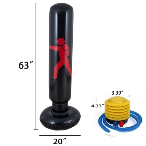 Inflatable Punching Bag, 63“ Boxing Bag with Pump Heavy Duty Stress Relief Ball Above Adults for Karate, Taekwondo, Active Play, Fitness Training No-Tip Base