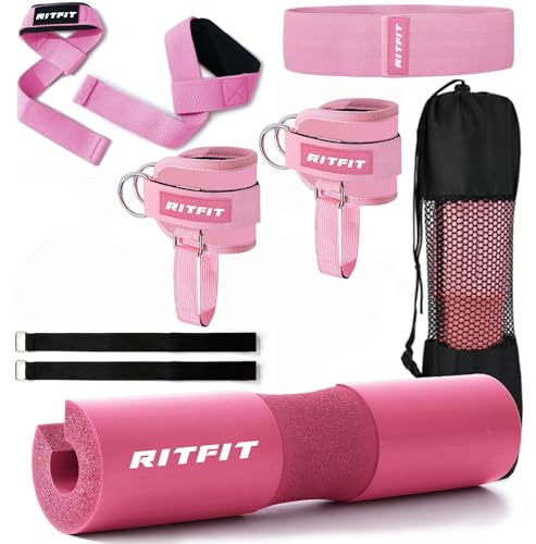 RitFit 7 Pcs Barbell Squat Pad Set, Hip Thrust Pad with Ankle Straps, Resistance Bands, Lifting Straps, Barbell Pad for Squats, Lunges & Hip Thrust - color: Pink