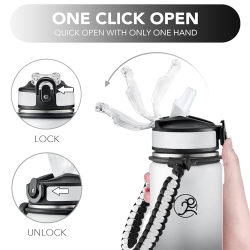 GOSWAG 24oz Insulated Stainless Steel Travel Water Bottle, 2 Lids | with straw and no straw, Paracord handle, Double-wall vacuum keeps drinks cold or hot, Leakproof tumbler - color: Gray-Black Ombré