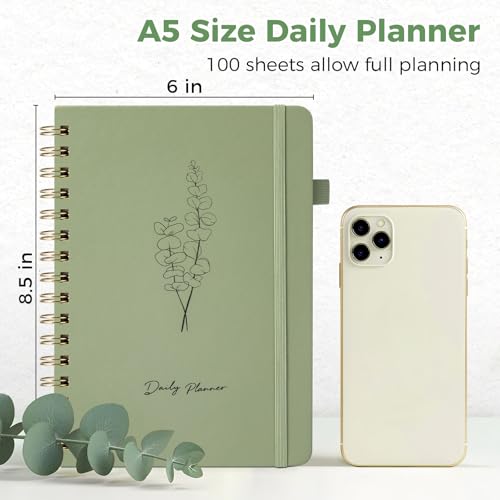 Oucaru Undated Daily Planner, A5 Spiral Notebook with Hourly Schedule, To Do List, Priorities, and Notes for Productivity - Easily Organize Your Tasks, Appointments & Goals for Women - size: A5-Green, style: Daily Planner