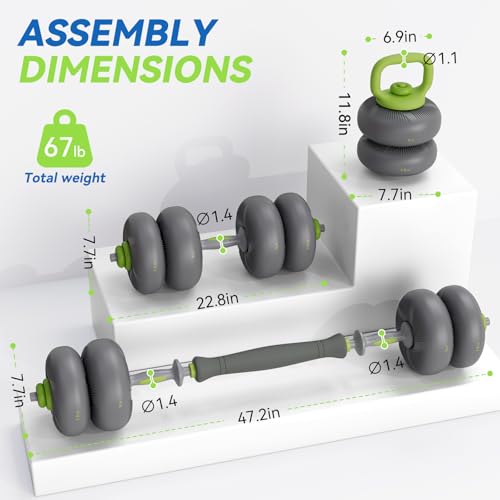 LIFERUN Adjustable Dumbbell Set, Soft PVC Coated, 45lbs/67lbs Free Weight Set Home Gym, 4-in-1 Used As Barbell, Dumbbells, Kettlebell, Weight Plates, Weights Dumbbells Set, Space Saving Fitness Exercise For Men/Women - color: Grey, style: 67lb