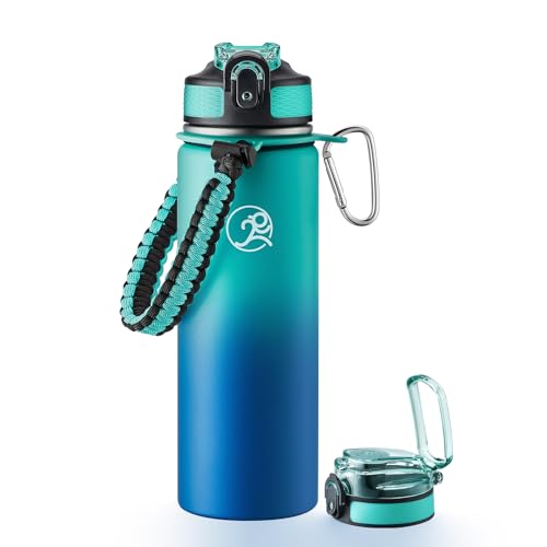 GOSWAG 24oz Insulated Stainless Steel Travel Water Bottle, 2 Lids | with straw and no straw, Paracord handle, Double-wall vacuum keeps drinks cold or hot, Leakproof tumbler - color: Green-Blue Ombré