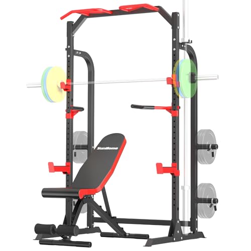 SunHome Power Cage Squat Rack, Power Rack with Pulley System, Adjustable Cable Crossover System, J-Hooks, Dip Handles, Weight Plate Storage - color: S5 with Bench