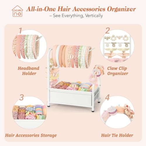 Keebofly Headband Holder Stand, Versatile Hair Accessories Organizer for Scrunchies, Hair Ties, Bows & Claw Clips - Large Compact Hair Accessories Storage for Girls, Women, Babies - color: White